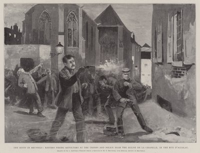 I disordini a Bruxelles, rivoltosi che sparano ai soldati e alla polizia vicino alla Eglise de la Chapelle, in Rue d